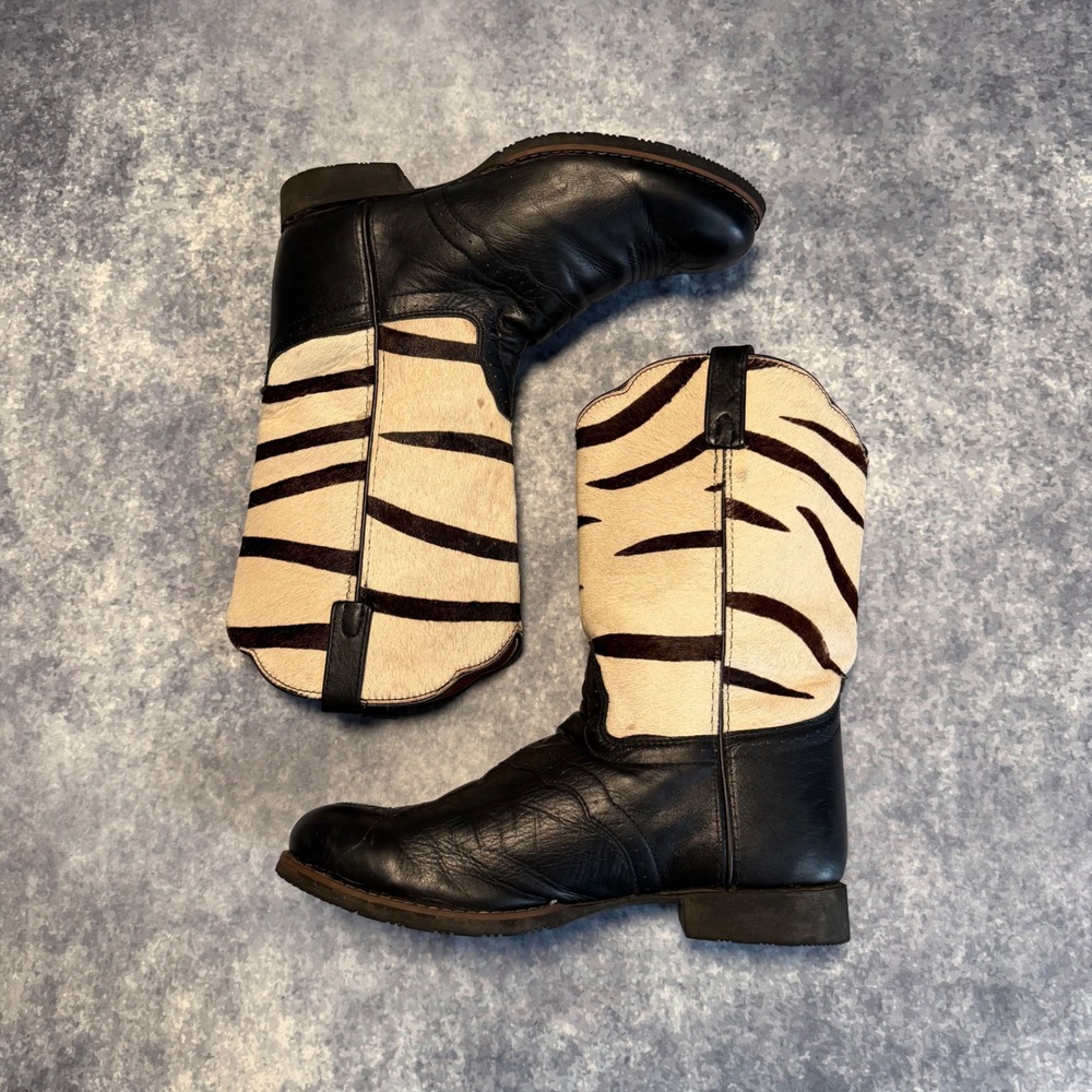 VTG Montana Zebra Calf Hair Cowboy Boots Mens 9.5D Black Leather Roper Western